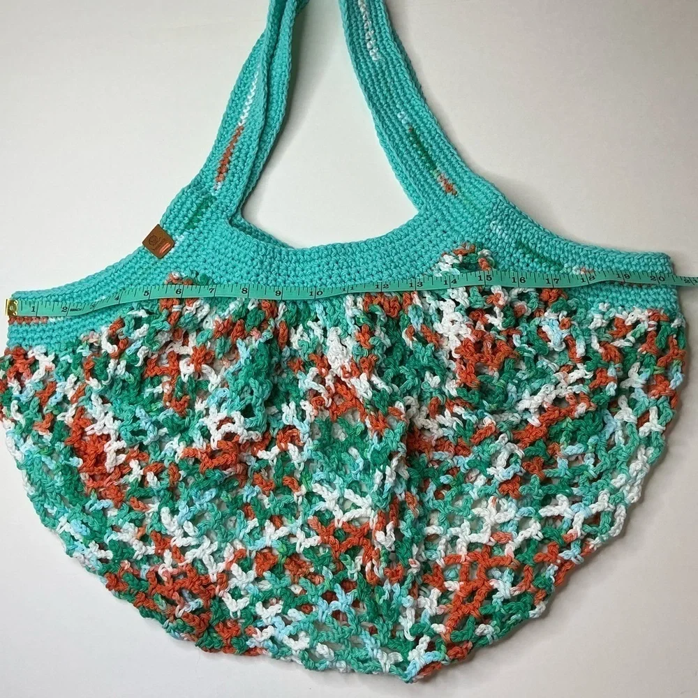 Large‎ Crochet Mesh Market Bag Teal White Cotton Handcrafted Handmade Reusable